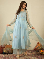 Floral Embroidered Pleated Zari A-Line Kurta with Palazzos & With Dupatta