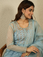 Floral Embroidered Pleated Zari A-Line Kurta with Palazzos & With Dupatta