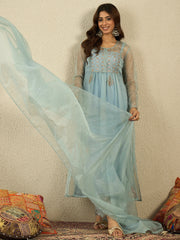 Floral Embroidered Pleated Zari A-Line Kurta with Palazzos & With Dupatta