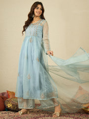 Floral Embroidered Pleated Zari A-Line Kurta with Palazzos & With Dupatta
