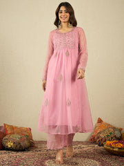 Floral Embroidered Sequinned Organza Kurta With Trousers & Dupatta