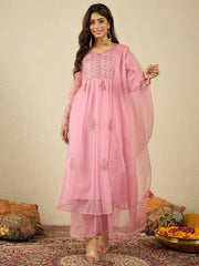 Floral Embroidered Sequinned Organza Kurta With Trousers & Dupatta