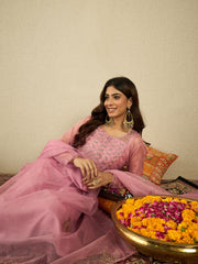 Floral Embroidered Sequinned Organza Kurta With Trousers & Dupatta