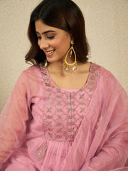 Floral Embroidered Sequinned Organza Kurta With Trousers & Dupatta