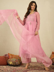 Floral Embroidered Sequinned Organza Kurta With Trousers & Dupatta