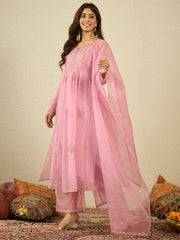 Floral Embroidered Sequinned Organza Kurta With Trousers & Dupatta