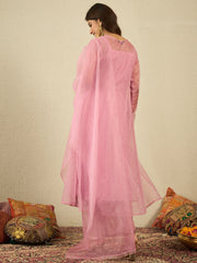 Floral Embroidered Sequinned Organza Kurta With Trousers & Dupatta