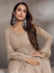 Malaika Arora Ethnic Motifs Embroidered Pleated Zari Organza Kurta With Palazzos & Dupatta
