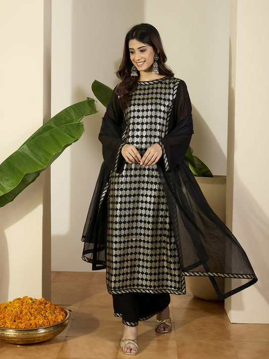 Geometric Embroidered Sequinned Kurta With Trousers & Dupatta