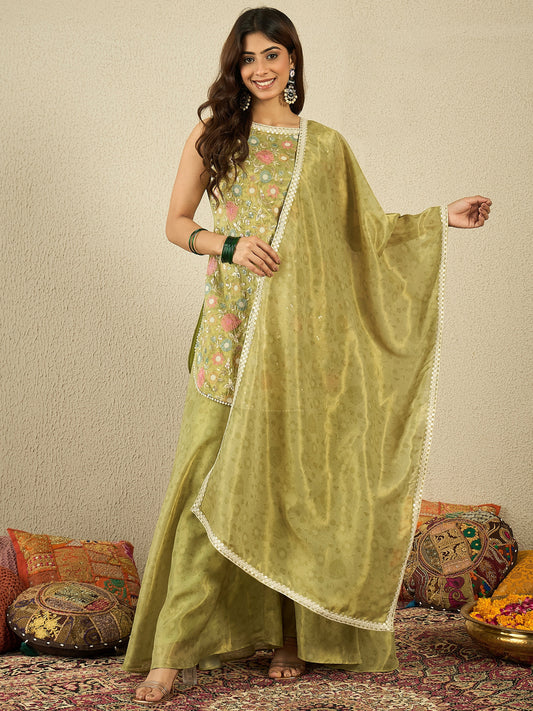 Women Floral Embroidered Regular Sequinned Kurta with Palazzos & Dupatta