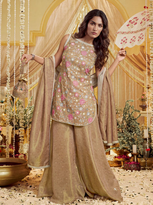 Women Floral Embroidered Regular Thread Work Kurta with Palazzos & With Dupatta