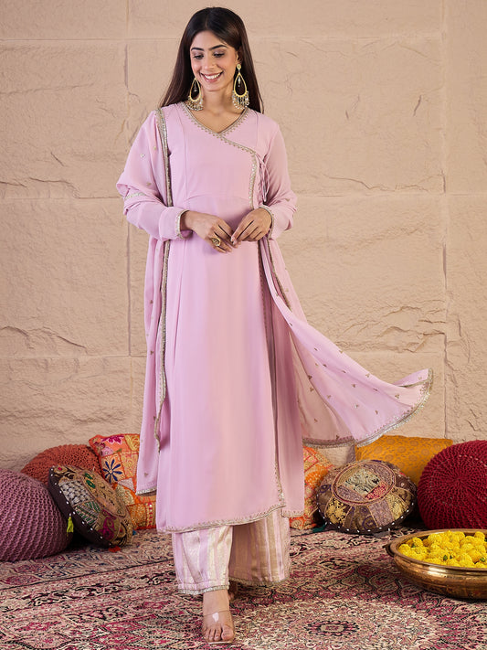 V-Neck Angrakha Gotta Patti Georgette A-Line Kurta & Palazzos With Dupatta