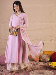 Ethnic Motifs Sequinned Embroidered V-Neck Kurta & Palazzos With Dupatta