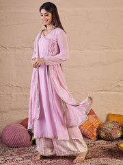 Ethnic Motifs Sequinned Embroidered V-Neck Kurta & Palazzos With Dupatta