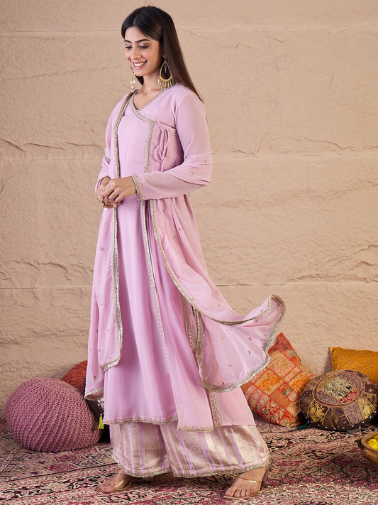 V-Neck Angrakha Gotta Patti Georgette A-Line Kurta & Palazzos With Dupatta
