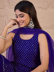 Embroidered Round Neck Sequinned Georgette Kurta With Palazzos & Dupatta