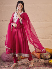 Women Floral Embroidered Panelled Thread Work Kurta with Trousers & With Dupatta