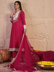 Women Floral Embroidered Panelled Thread Work Kurta with Trousers & With Dupatta
