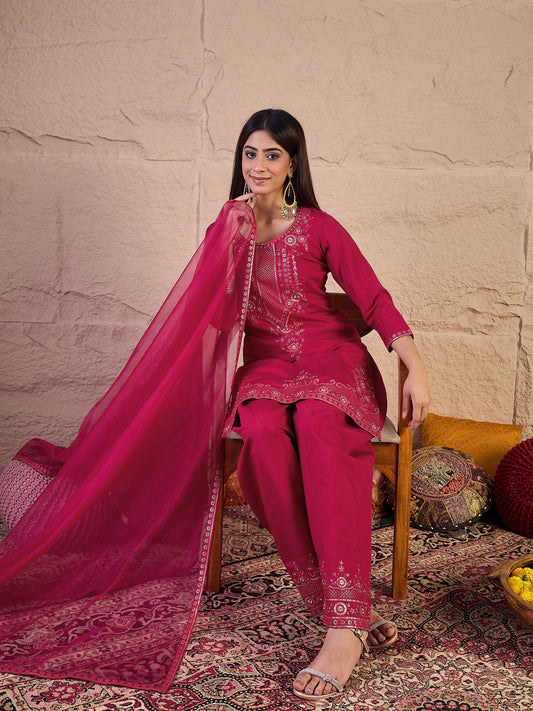 Floral Thread & Sequinned Embroidered Kurta & Dhoti Pants With Dupatta