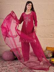 Floral Thread & Sequinned Embroidered Kurta & Dhoti Pants With Dupatta