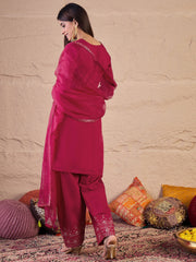 Floral Thread & Sequinned Embroidered Kurta & Dhoti Pants With Dupatta