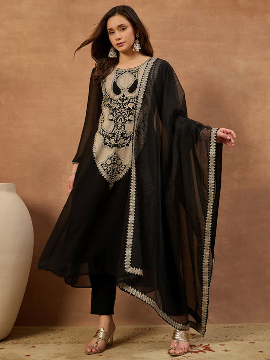 Women Ethnic Motifs Embroidered Regular Thread Work Kurta with Trousers & With Dupatta