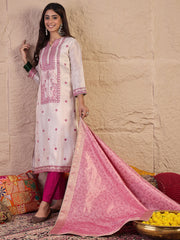 Floral Zari Woven Design Straight Kurta With Trousers And Dupatta