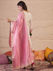 Floral Zari Woven Design Straight Kurta With Trousers And Dupatta