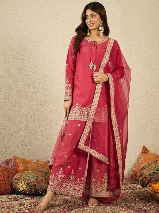 Ethnic Motifs Embroidered Zari Work Kurta With Palazzos & Dupatta