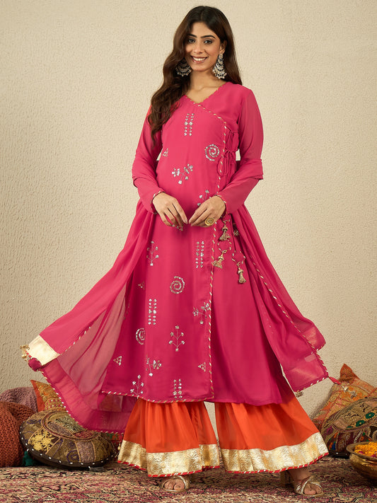 Women Ethnic Motifs Embroidered Angrakha Kurta with Palazzos & With Dupatta