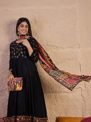 Women Floral Embroidered Silk Anarkali Kurta with Trousers & Dupatta