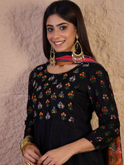 Women Floral Embroidered Silk Anarkali Kurta with Trousers & Dupatta