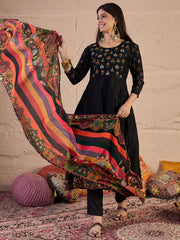 Women Floral Embroidered Silk Anarkali Kurta with Trousers & Dupatta