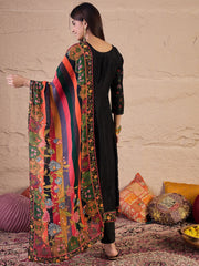 Women Floral Embroidered Silk Anarkali Kurta with Trousers & Dupatta