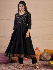 Women Floral Embroidered Silk Anarkali Kurta with Trousers & Dupatta