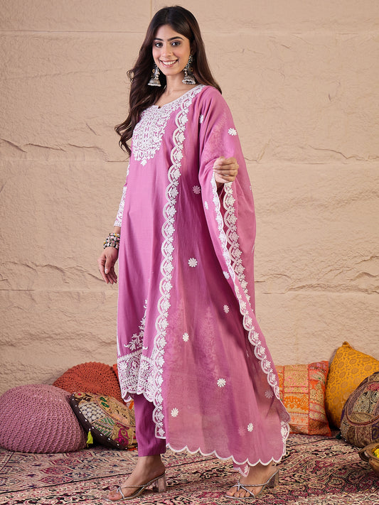 Women Floral Thread and Sequinned Embroidered Kurta Set with Dupatta