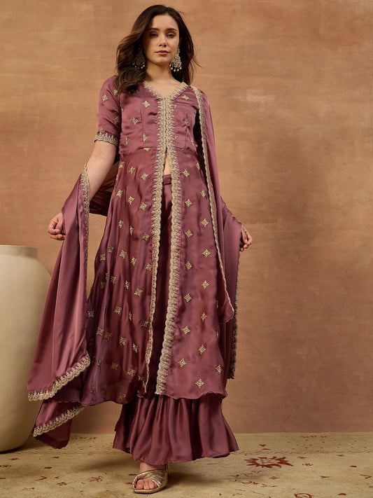 Women Ethnic Motifs Embroidered Angrakha Thread Work Kurta with Sharara & With Dupatta