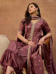 Women Ethnic Motifs Embroidered Angrakha Thread Work Kurta with Sharara & With Dupatta