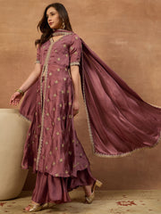 Women Ethnic Motifs Embroidered Angrakha Thread Work Kurta with Sharara & With Dupatta