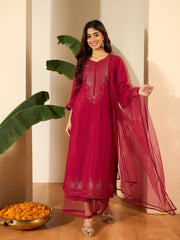 Floral Yoke Design Sweetheart Neck Straight Kurta & Trousers With Dupatta