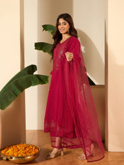 Floral Yoke Design Sweetheart Neck Straight Kurta & Trousers With Dupatta