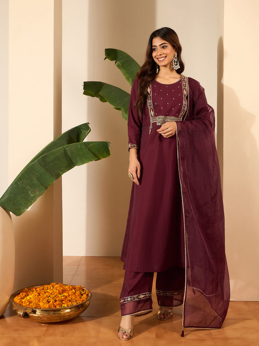 Ethnic Motifs Zari and Sequinned Round Neck Kurta & Palazzos With Dupatta
