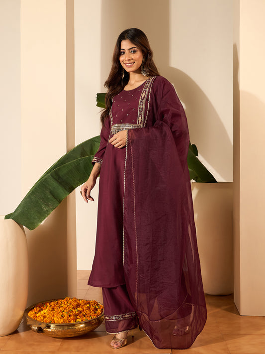 Ethnic Motifs Zari and Sequinned Round Neck Kurta & Palazzos With Dupatta