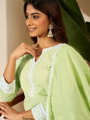 Women Cotton Blend Thread Work Kurta Set With Trousers & Dupatta