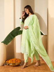 Women Cotton Blend Thread Work Kurta Set With Trousers & Dupatta