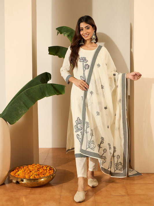 Women Floral Woven Design Regular Thread Work Kurta with Trousers & Dupatta