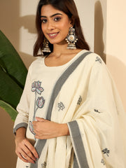 Women Floral Woven Design Regular Thread Work Kurta with Trousers & Dupatta