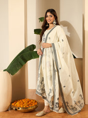 Women Floral Woven Design Regular Thread Work Kurta with Trousers & Dupatta
