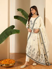 Women Floral Woven Design Regular Thread Work Kurta with Trousers & Dupatta