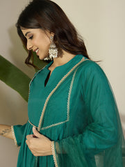Pleated A-Line Gota Detailed Round Neck Kurta & Trousers With Dupatta